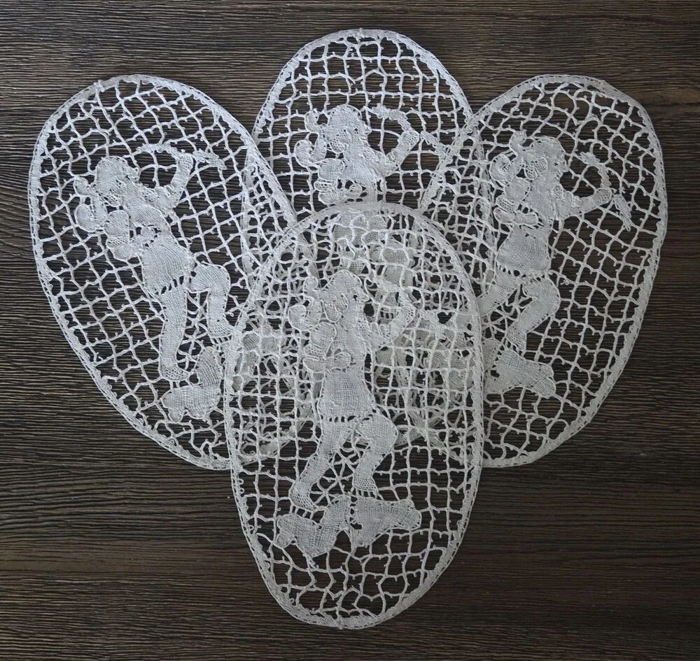 4 Antique Figural Needle Lace Doilys Inserts Applique Table Decoration Oval